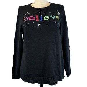 CJ Banks Womens Black Pullover Sweater Believe Embellished Christmas Size X